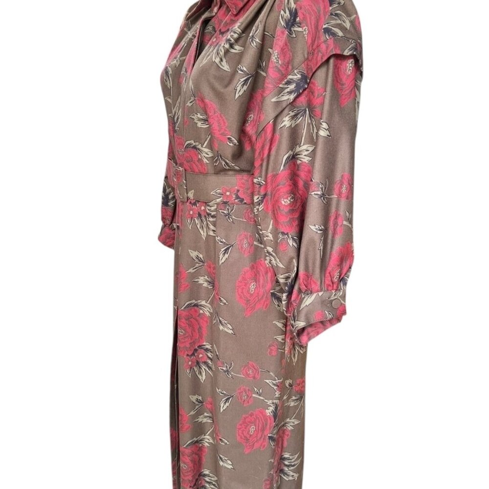 Rickie Freeman Teri Jon Belted 100% Wool Dress Women’s 14 Red Rose Print Brown - Picture 4 of 16